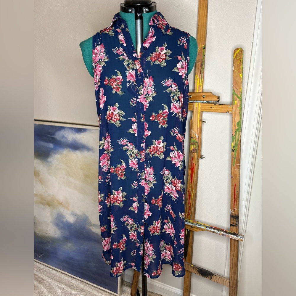 Mimi Chica Pool Cover up Sheer Navy Floral Tunic Beach Swimsuit Coverup Dress M